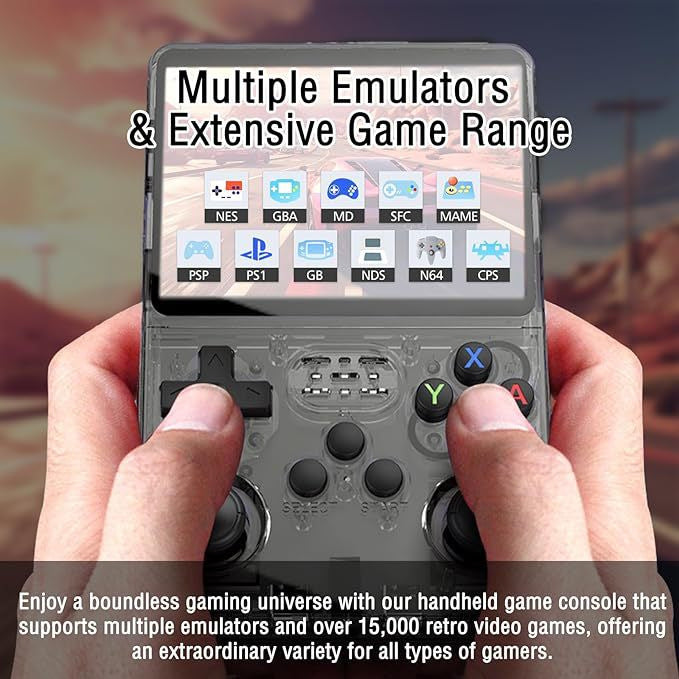 Handheld game console with multiple emulators and game ranges held by a person.