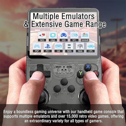 Handheld game console with multiple emulators and game ranges held by a person.