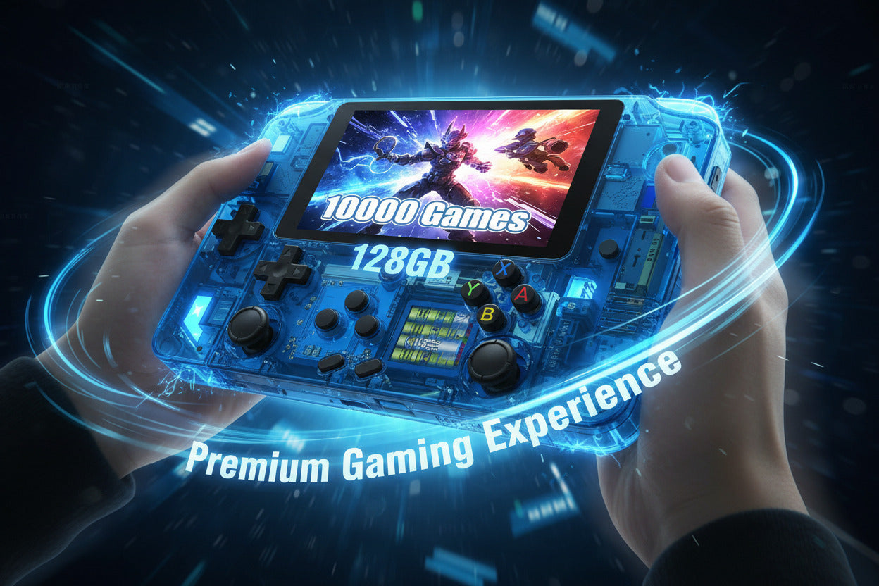 Blue handheld gaming console with accessories on a white background